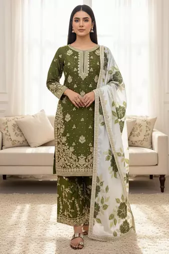 Mehendi green designer pure gmy silk sequins embroidered work readymade suit