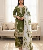 Mehendi green designer pure gmy silk sequins embroidered work readymade suit