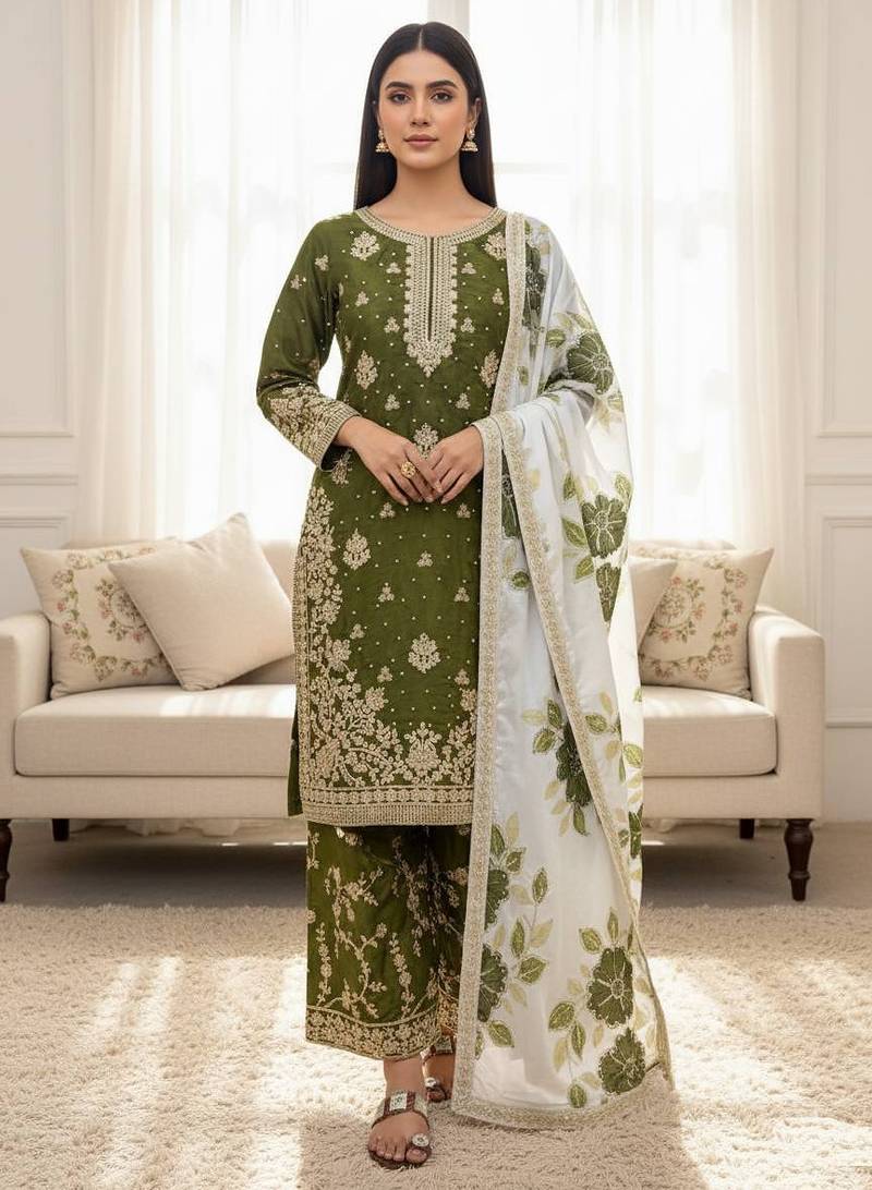 Mehendi green designer pure gmy silk sequins embroidered work readymade suit
