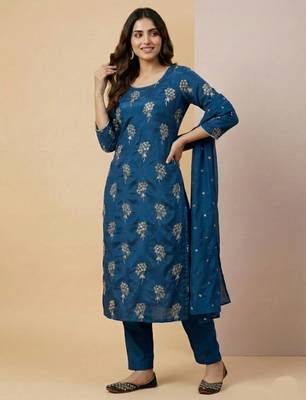 Blue designer heavy chinon sequins embroidered work readymade suit 2