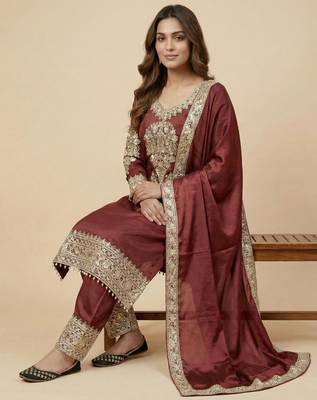 Maroon designer pure heavy chinon silk sequins embroidered work readymade suit 2
