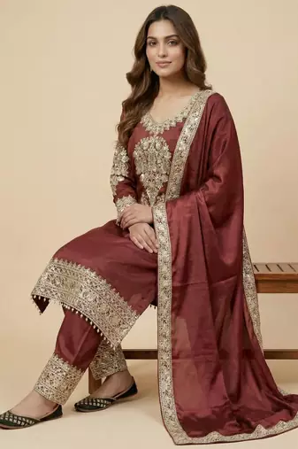 Maroon designer pure heavy chinon silk sequins embroidered work readymade suit