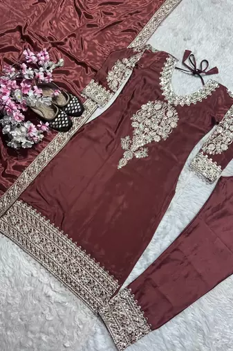 Maroon designer pure heavy chinon silk sequins embroidered work readymade suit