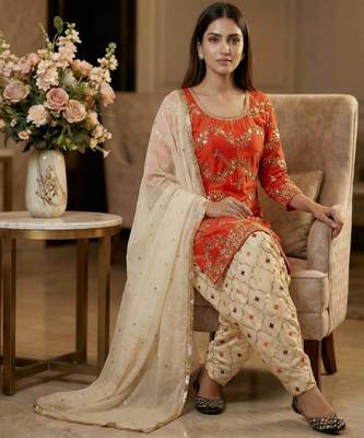 Orange designer faux georgette sequins embroidered work readymade suit 2