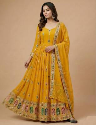 Yellow designer heavy faux georgette sequins embroidered work readymade suit 2