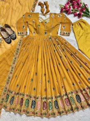 Yellow designer heavy faux georgette sequins embroidered work readymade suit 3