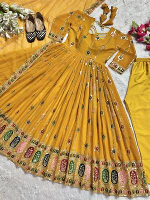 Yellow designer heavy faux georgette sequins embroidered work readymade suit 4