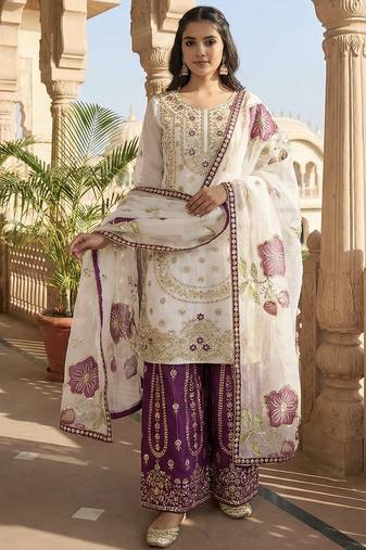 White designer pure gmy silk sequins embroidered work readymade suit