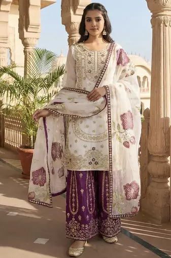 White designer pure gmy silk sequins embroidered work readymade suit