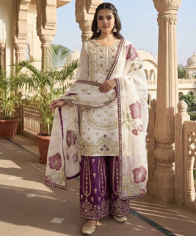 White designer pure gmy silk sequins embroidered work readymade suit