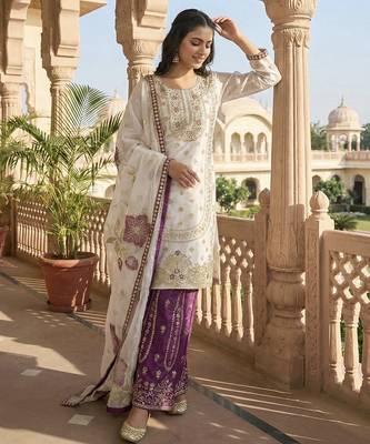 White designer pure gmy silk sequins embroidered work readymade suit 2