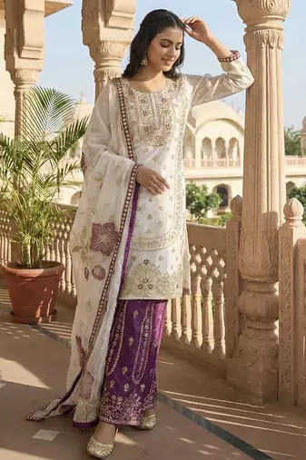 White designer pure gmy silk sequins embroidered work readymade suit