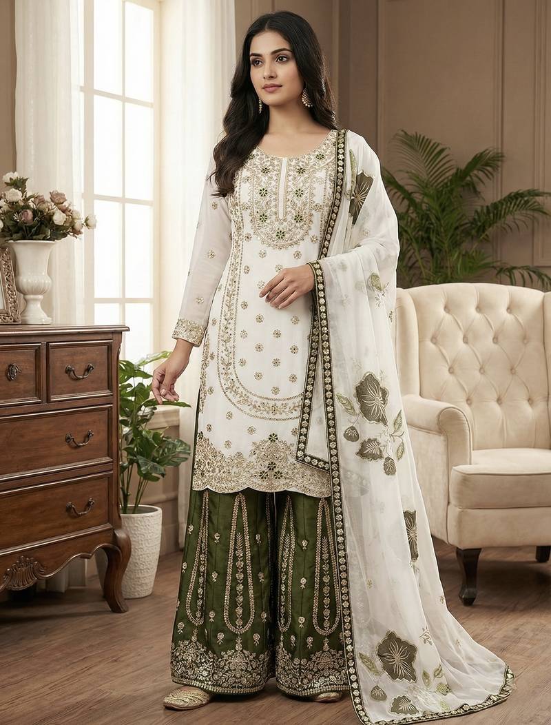 White designer pure gmy silk sequins embroidered work readymade suit