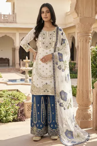 White designer pure gmy silk sequins embroidered work readymade suit