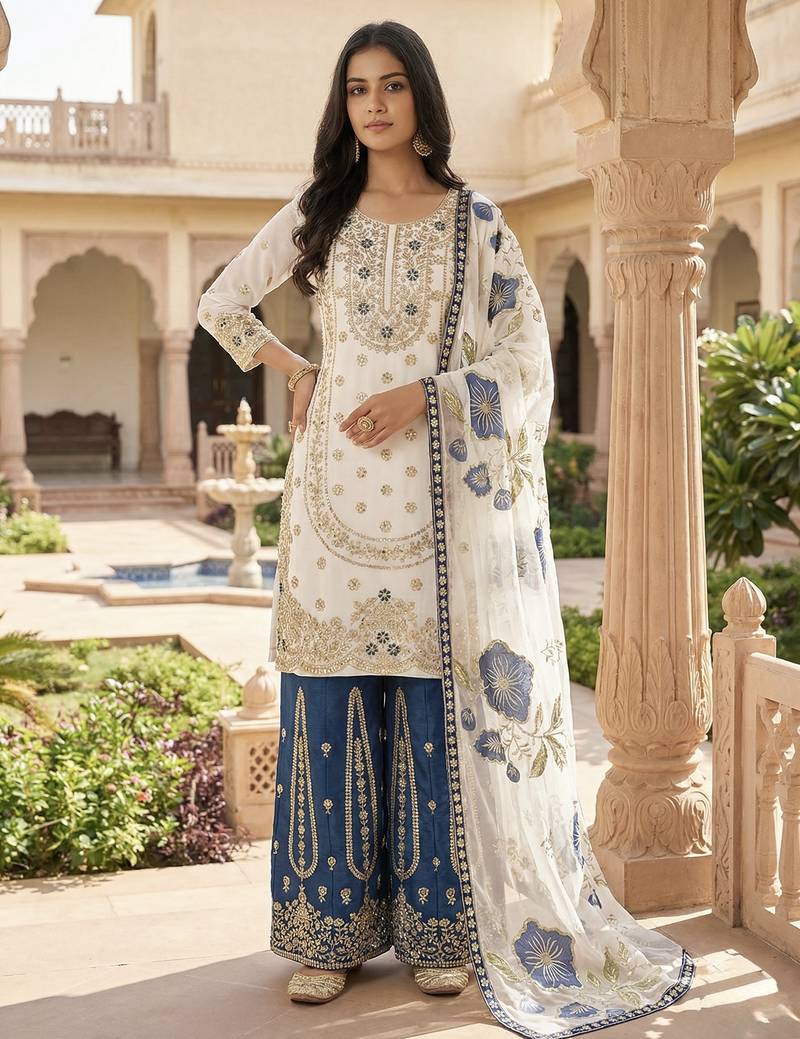 White designer pure gmy silk sequins embroidered work readymade suit