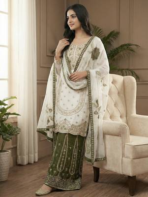 White designer pure gmy silk sequins embroidered work readymade suit 2
