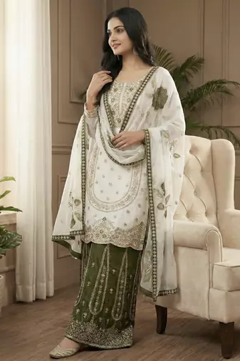 White designer pure gmy silk sequins embroidered work readymade suit