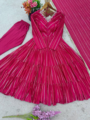 Pink designer mal chanderi silk real mirror with handwork work readymade suit 3