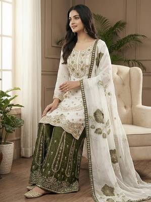 White designer pure gmy silk sequins embroidered work readymade suit 3