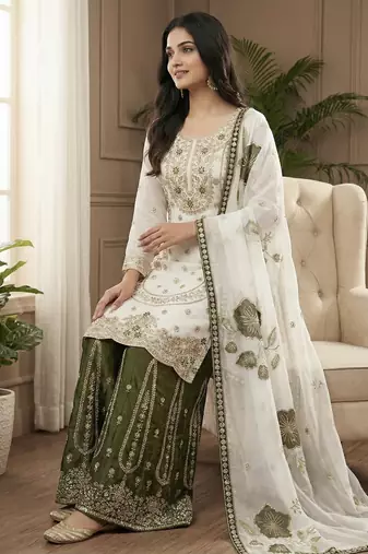 White designer pure gmy silk sequins embroidered work readymade suit