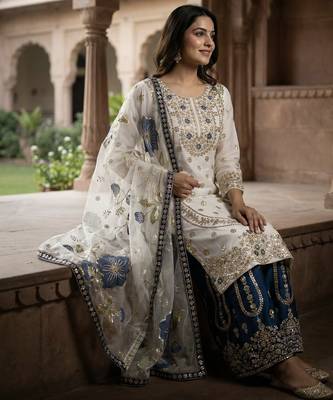 White designer pure gmy silk sequins embroidered work readymade suit 3
