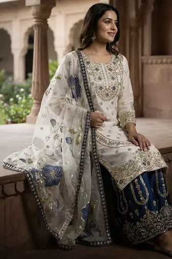 White designer pure gmy silk sequins embroidered work readymade suit