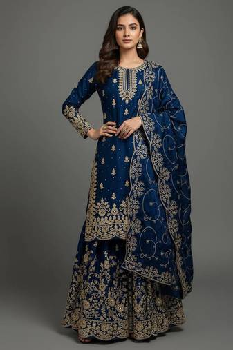 Blue designer pure gmy silk sequins embroidered work readymade suit