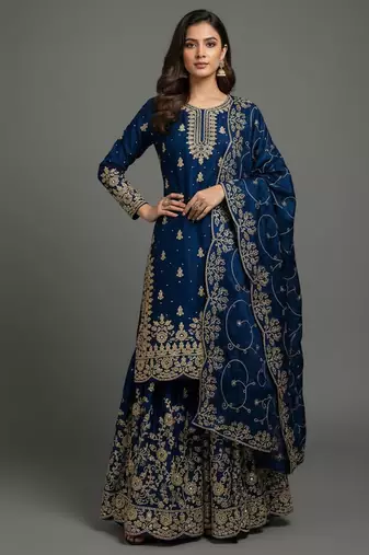 Blue designer pure gmy silk sequins embroidered work readymade suit