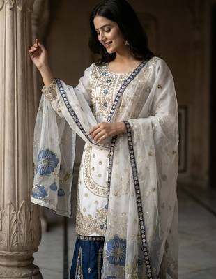 White designer pure gmy silk sequins embroidered work readymade suit 4
