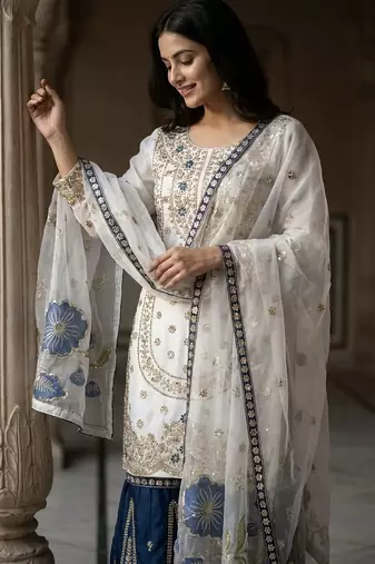 White designer pure gmy silk sequins embroidered work readymade suit