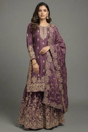 Purple designer pure gmy silk sequins embroidered work readymade suit