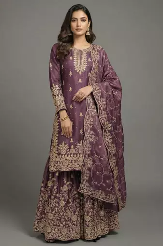 Purple designer pure gmy silk sequins embroidered work readymade suit