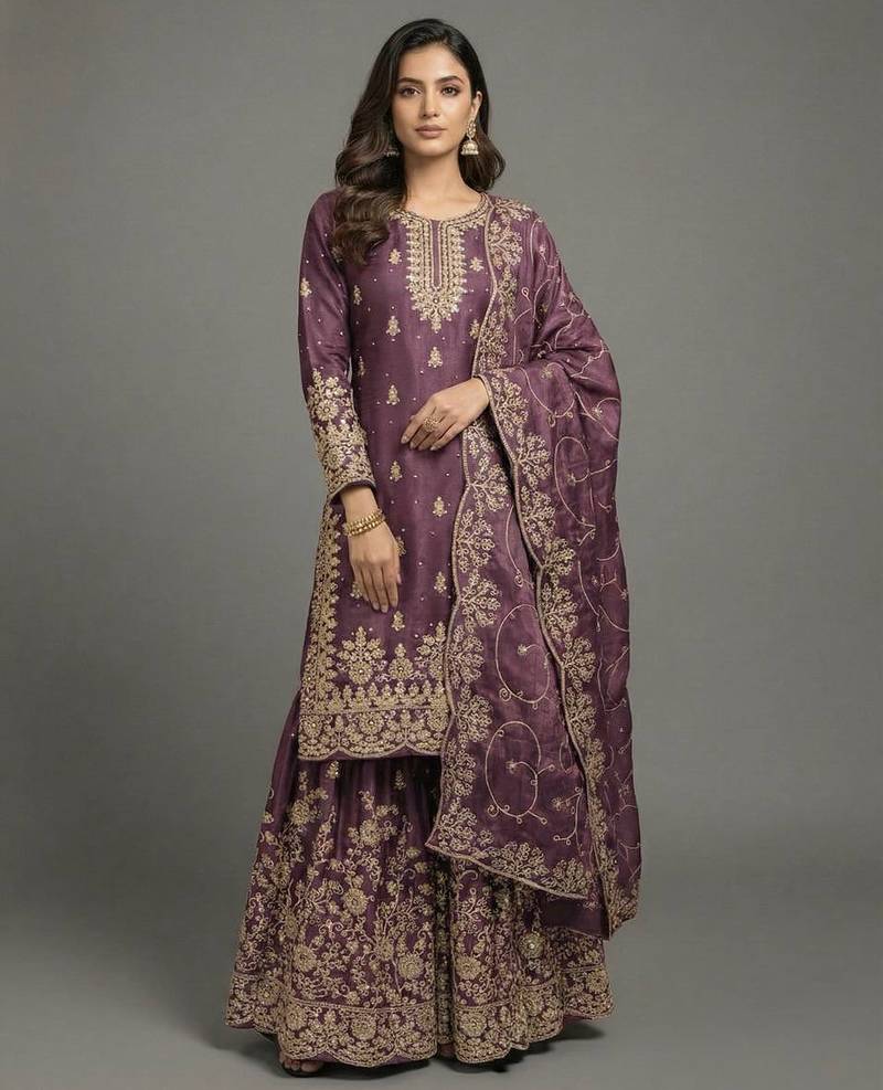 Purple designer pure gmy silk sequins embroidered work readymade suit
