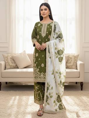 Mehendi green designer pure gmy silk sequins embroidered work readymade suit 2