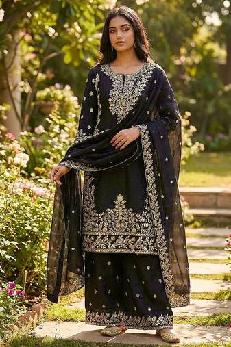 Black designer pure gmy silk sequins embroidered work readymade suit