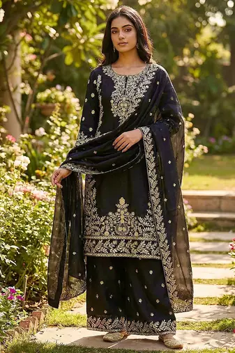Black designer pure gmy silk sequins embroidered work readymade suit