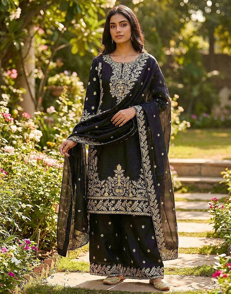 Black designer pure gmy silk sequins embroidered work readymade suit