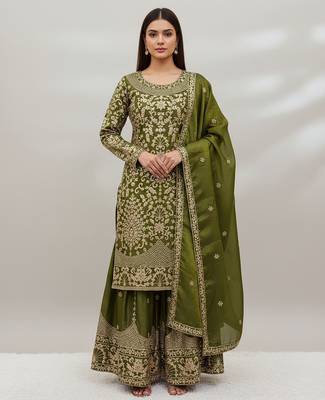 Mehendi green designer heavy gmy silk sequins embroidered work readymade suit 2