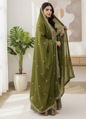 Mehendi green designer heavy gmy silk sequins embroidered work readymade suit 3