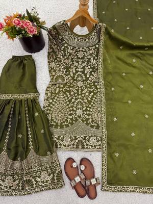 Mehendi green designer heavy gmy silk sequins embroidered work readymade suit 4