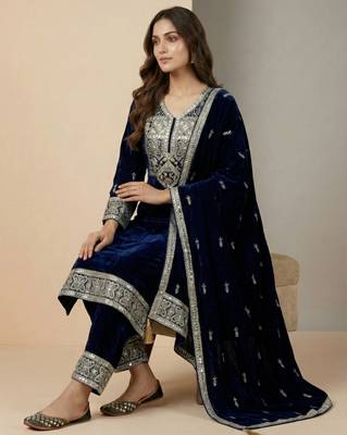 Navy blue designer pure heavy viscous velvet sequins embroidered work readymade suit 2