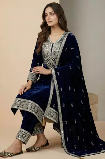 Navy blue designer pure heavy viscous velvet sequins embroidered work readymade suit