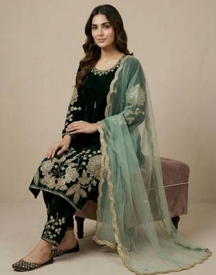 Green designer pure heavy viscous velvet sequins embroidered work readymade suit 2