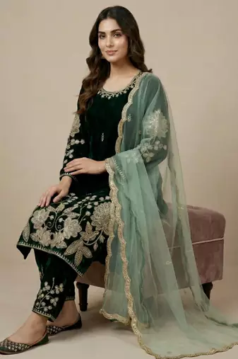 Green designer pure heavy viscous velvet sequins embroidered work readymade suit