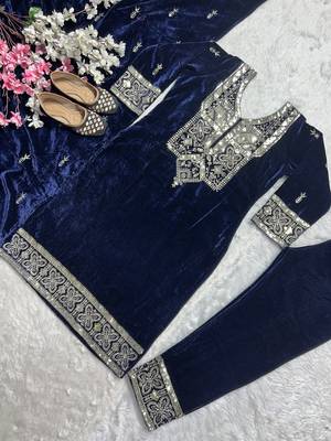 Navy blue designer pure heavy viscous velvet sequins embroidered work readymade suit 3