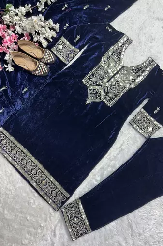 Navy blue designer pure heavy viscous velvet sequins embroidered work readymade suit