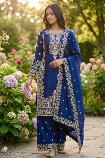 Blue designer pure gmy silk sequins embroidered work readymade suit
