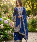Blue designer pure gmy silk sequins embroidered work readymade suit