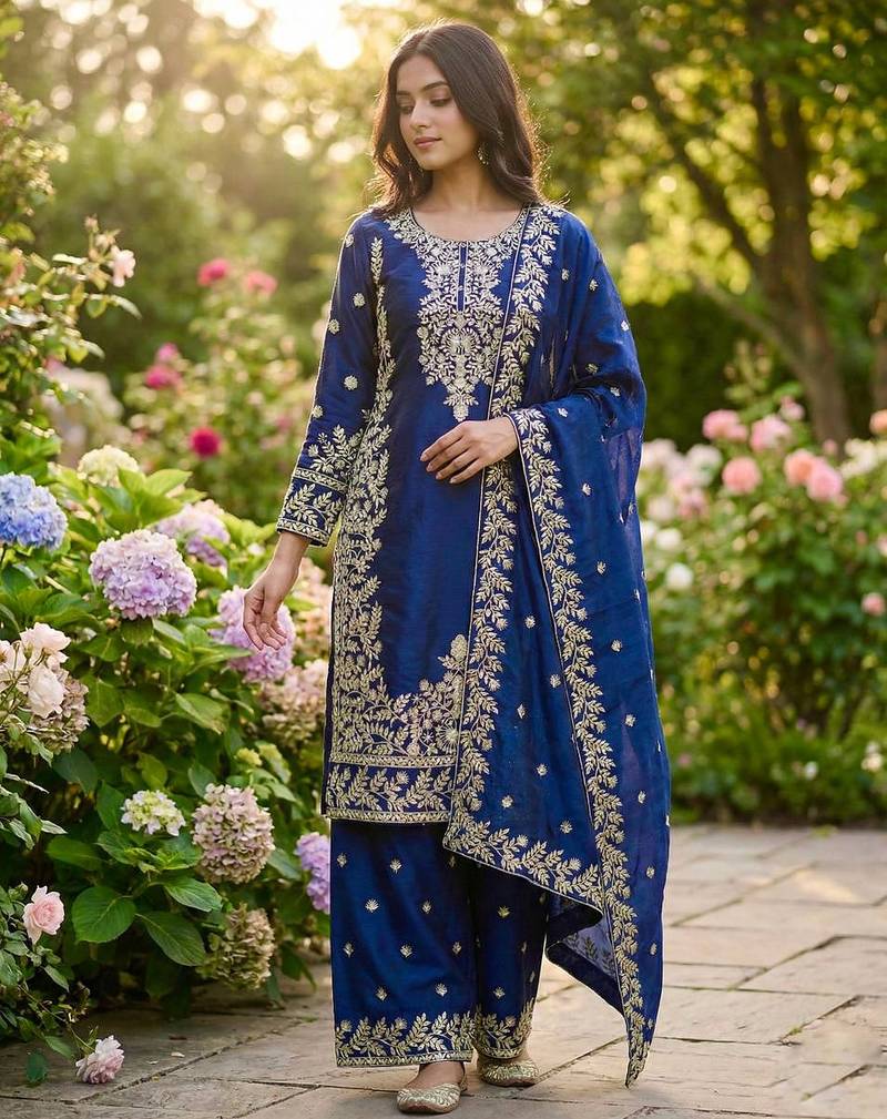 Blue designer pure gmy silk sequins embroidered work readymade suit