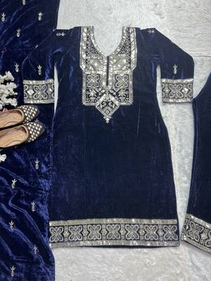 Navy blue designer pure heavy viscous velvet sequins embroidered work readymade suit 4